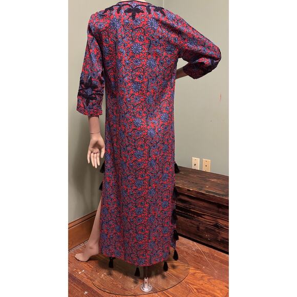 ROLLER RABBIT Red/Blue Floral Kurta Maxi KAFTAN/DRESS w/Tassels/Soutache Braid - Picture 5 of 8
